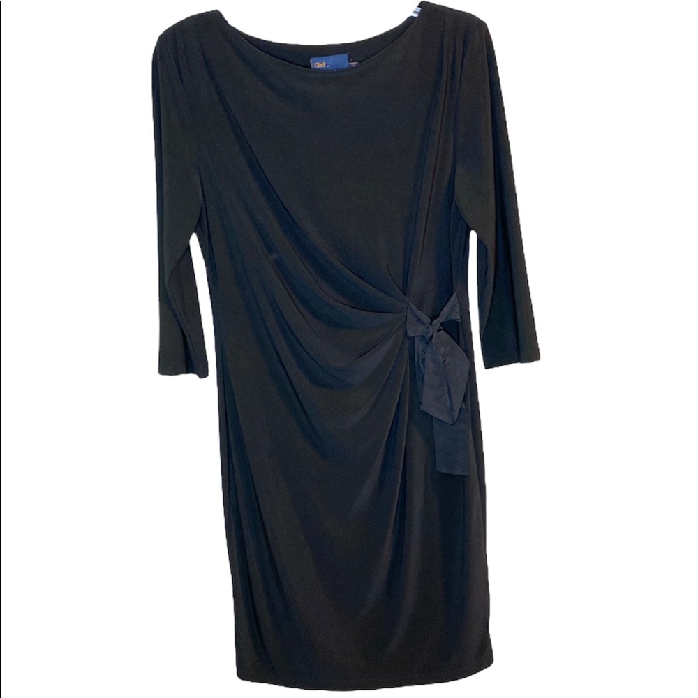 Just Taylor Classic Black Dress Side Cinch Tie 3/4 Sleeves Knee Length Size 6